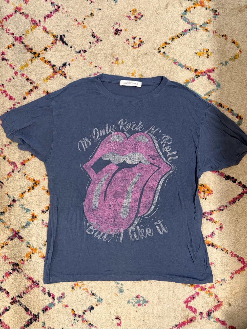 Graphic Tee with Pink Tongue Rock Print - Dusty Blue